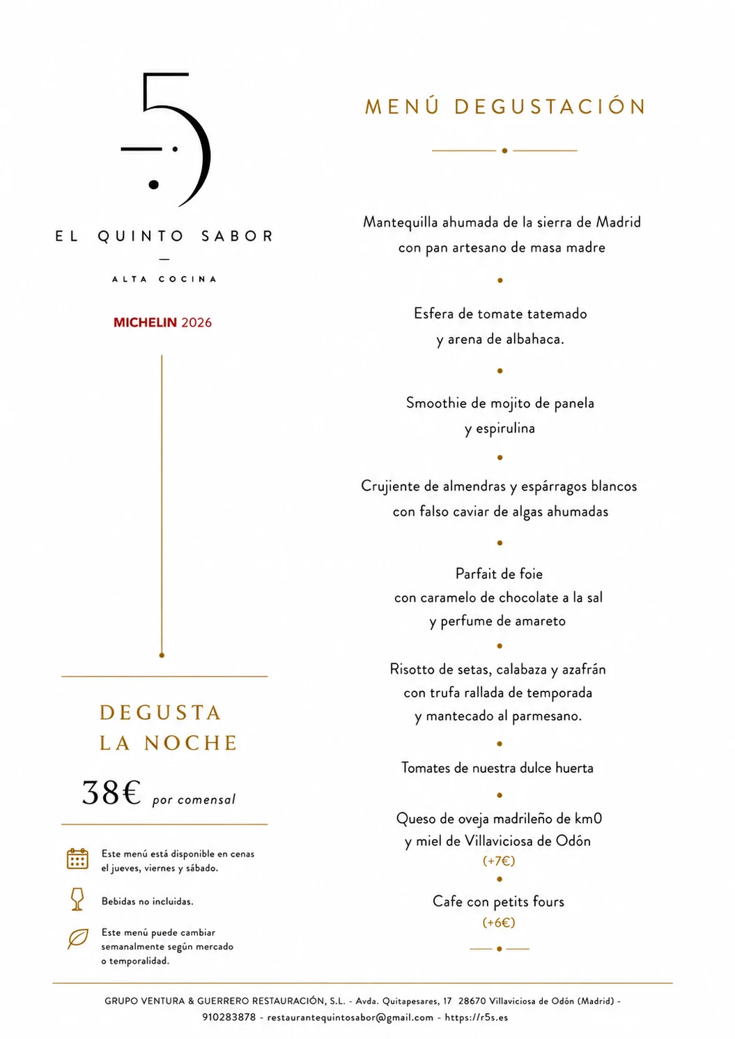 Menú degustación Degusta la Noche de El Quinto Sabor, 38 € por comensal, bebidas no incluidas
