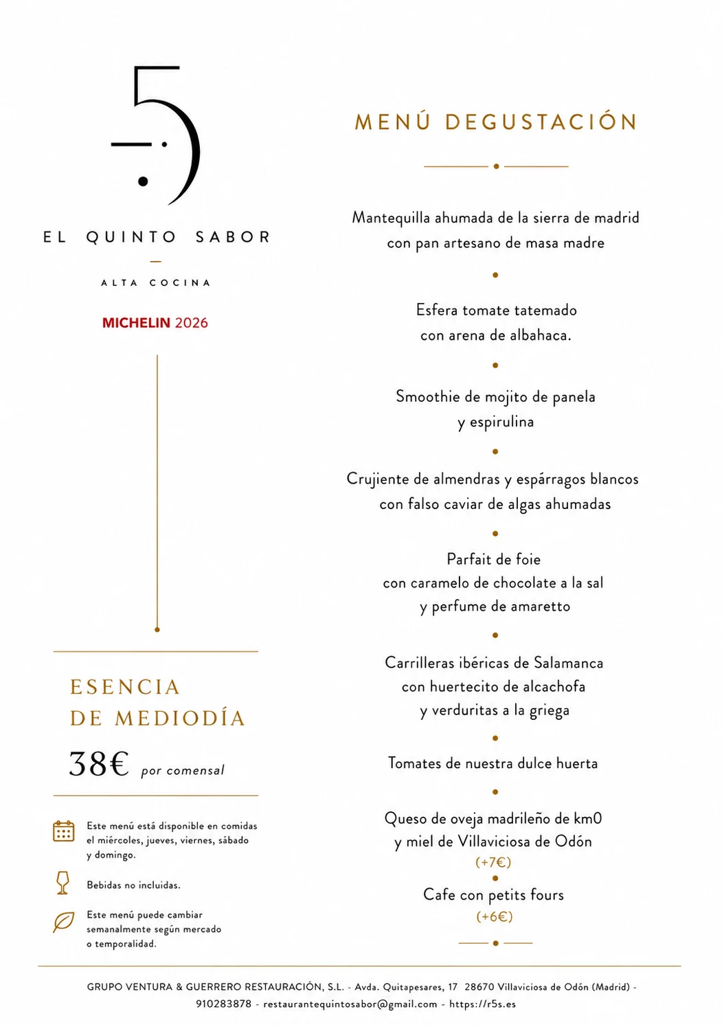 Menú degustación Esencia de Mediodía de El Quinto Sabor, 38 € por comensal