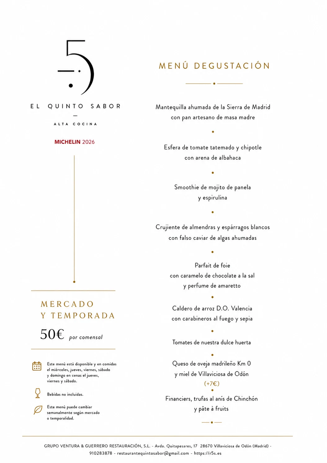 Menú degustación Mercado y Temporada de El Quinto Sabor, 50 € por comensal, bebidas no incluidas