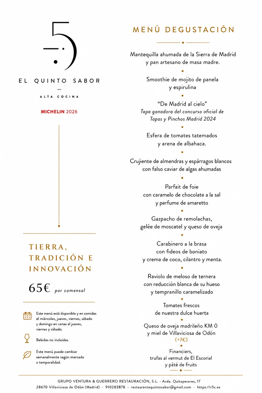 Menú degustación Tierra, Tradición e Innovación de El Quinto Sabor, 65 € por comensal