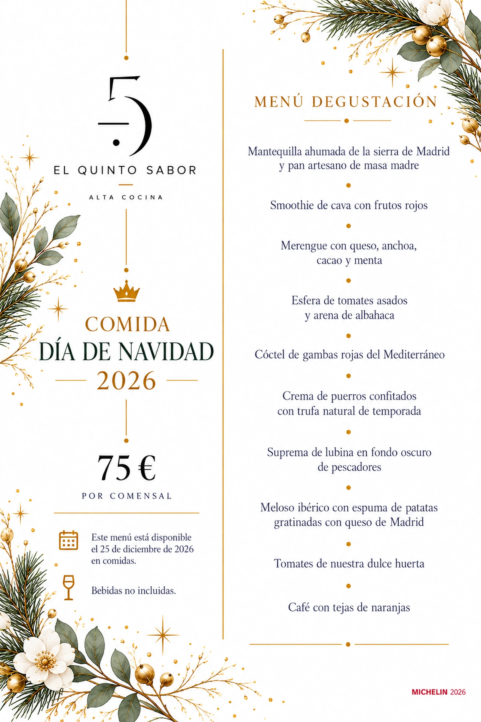 Menú degustación de la comida del Día de Navidad 2026 de El Quinto Sabor, 75 € por comensal, bebidas no incluidas
