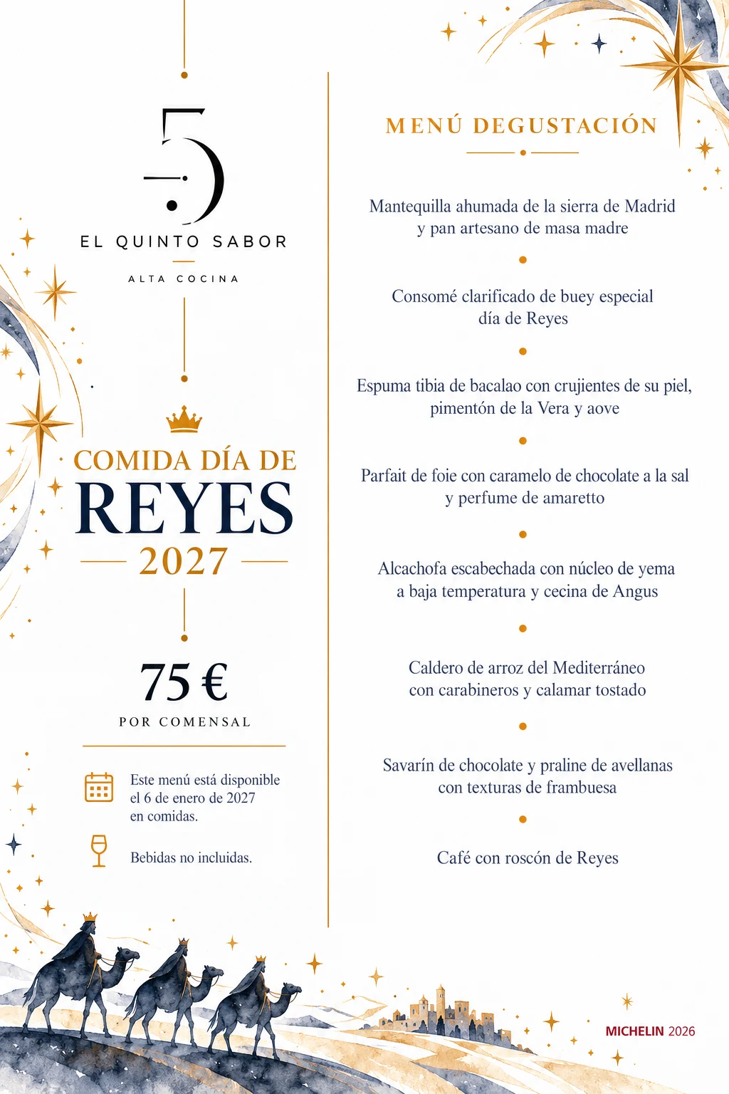 Menú degustación de la comida del Día de Reyes 2027 de El Quinto Sabor, 75 € por comensal, bebidas no incluidas