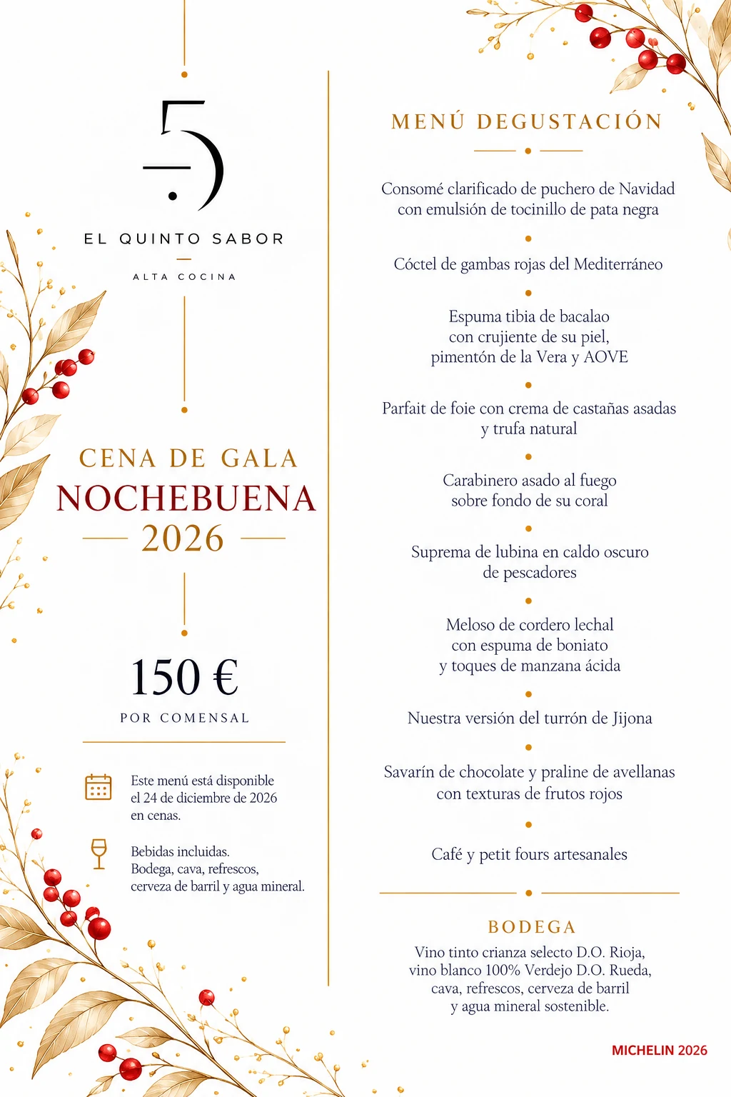 Menú degustación de la cena de gala de Nochebuena 2026 de El Quinto Sabor, 150 € por comensal con bebidas incluidas